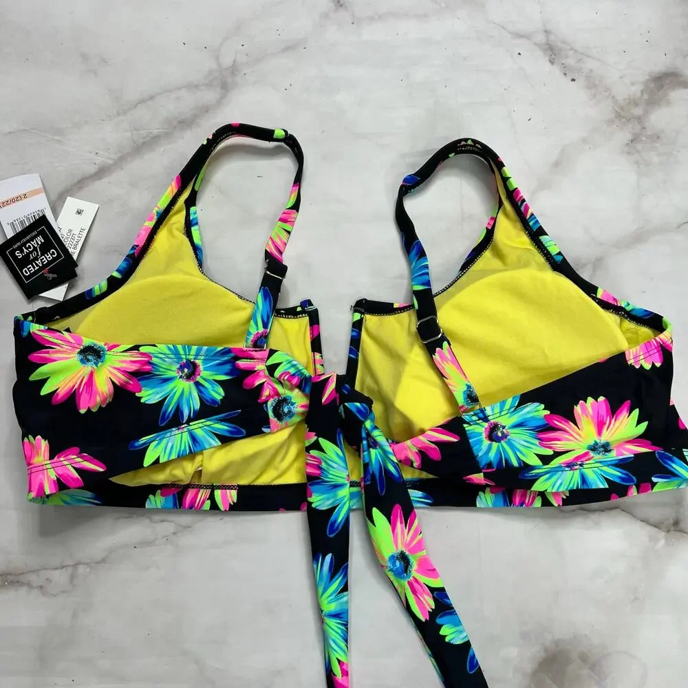 California Waves Plus Gerber Daisy Bikini Top Black Neon Size 2 (20/22) New V